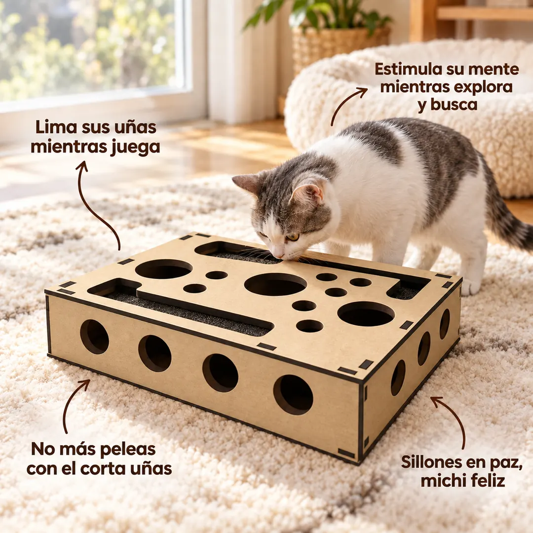 Gato explorando el rascador de Mascotillas sobre una alfombra